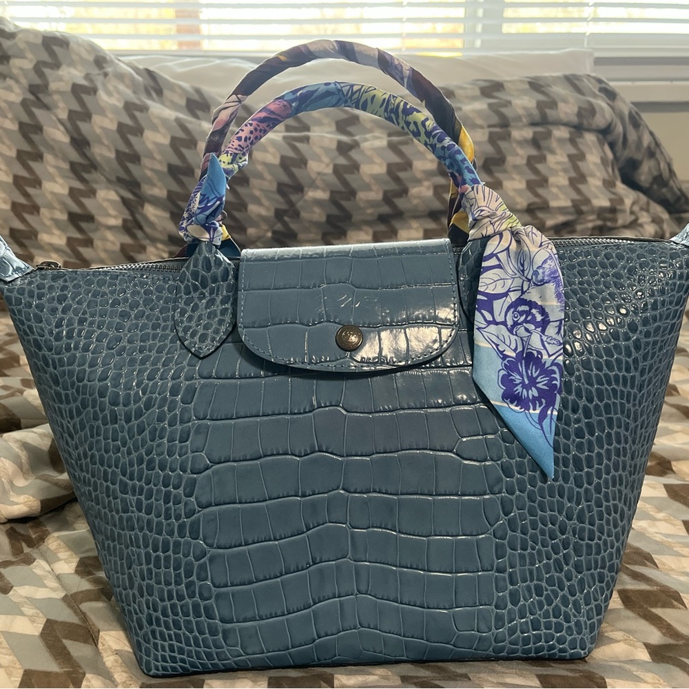Blue Croc-Embossed Women's Bag with Scarf Detail